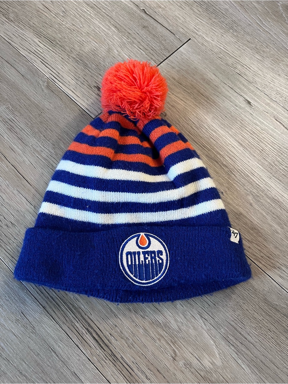 Kids Pom Beanie - Blue/Orange/White